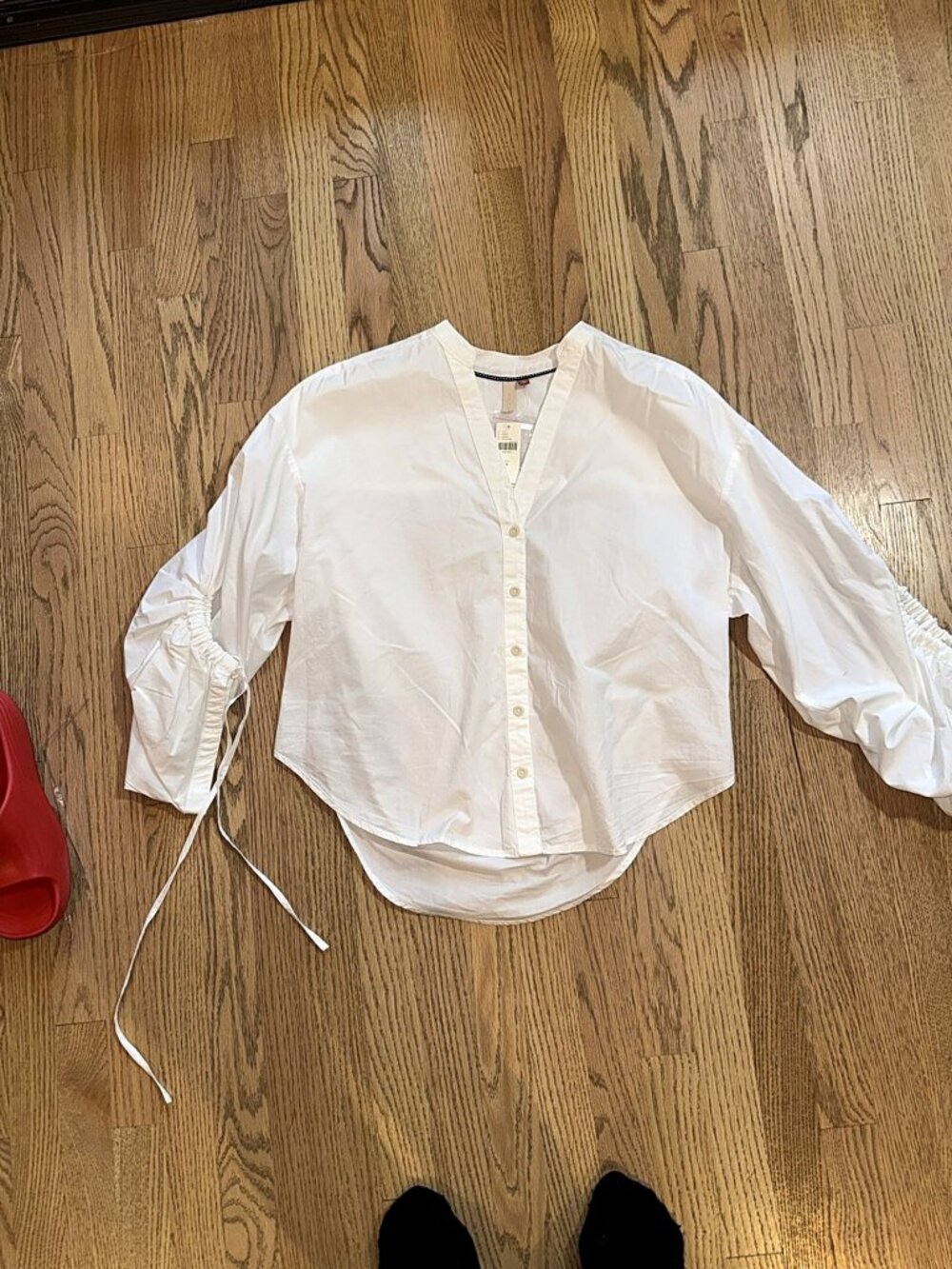 NWT Pilcro Anthropologie White Poplin Shirt Ruched Drawstring Sleeves M